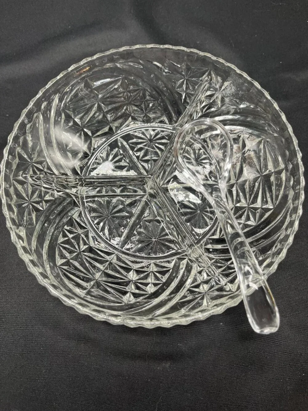 Vtg Anchor Hocking Clear Pressed Glass Divided Dish in “Stars and Bars